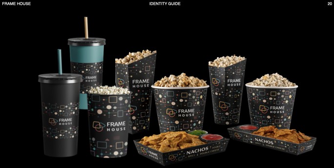 Frame House popcorn cups, drink cups, and nacho trays
