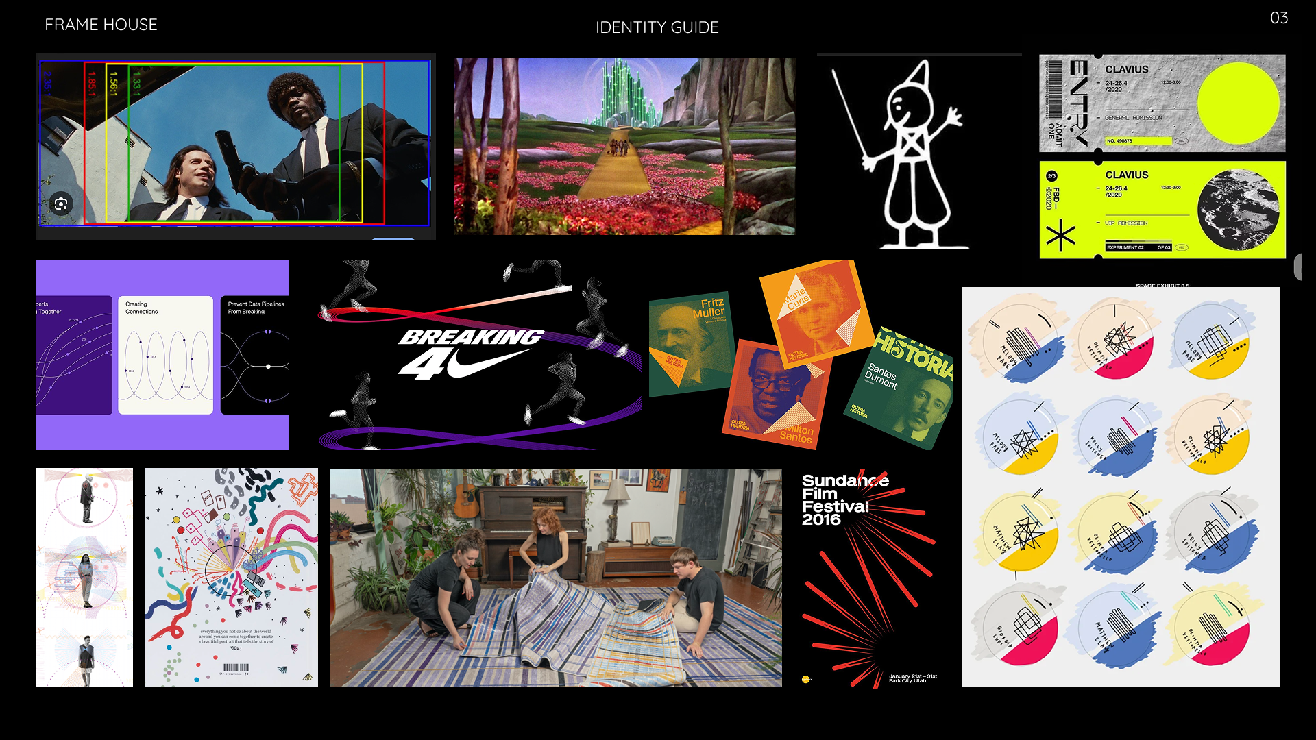 Moodboard of film stills, type treatments, and data visualization references for Frame House