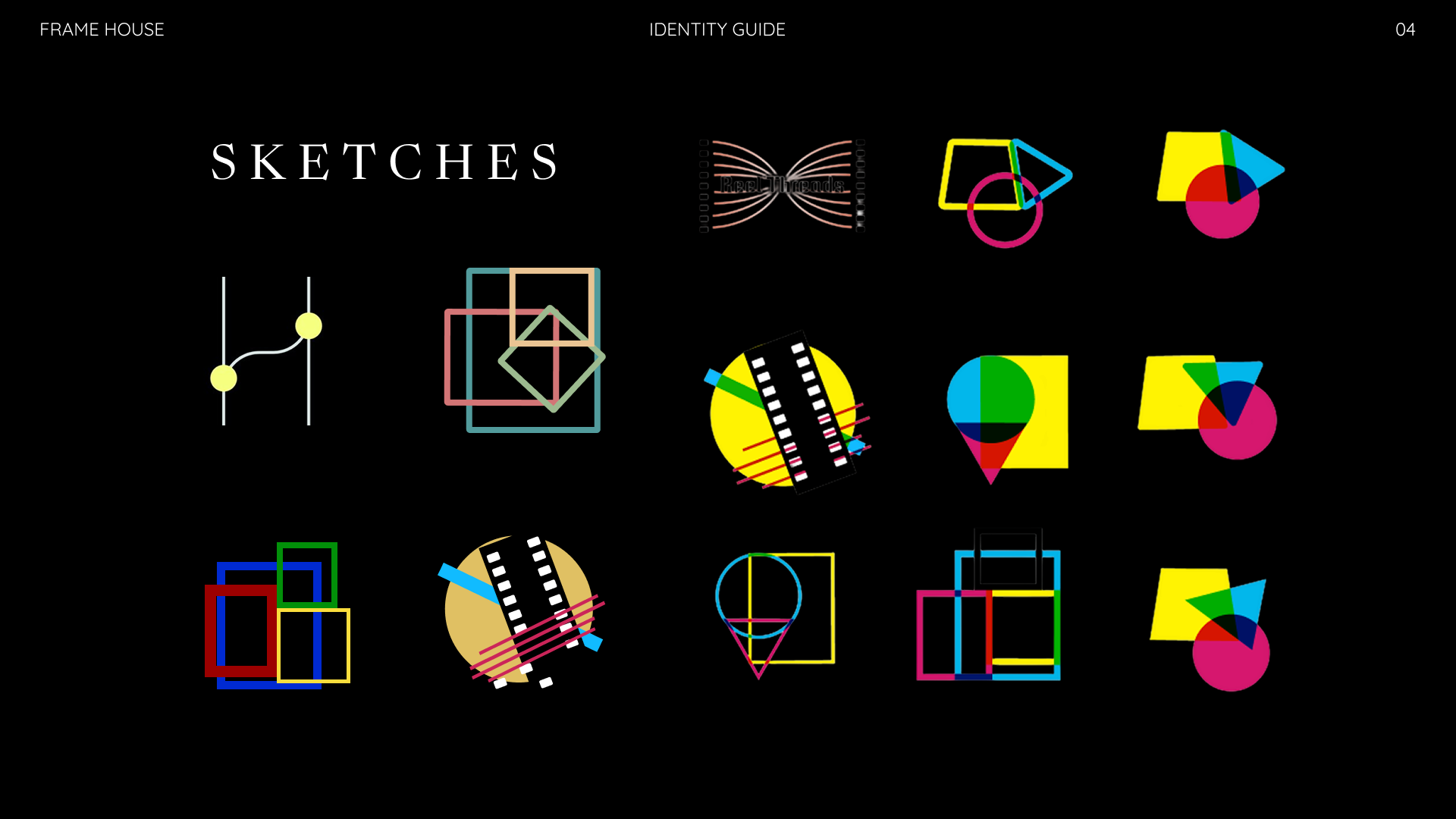 Early logo sketches exploring circles, trapezoids, and filmstrip motifs in CMYK