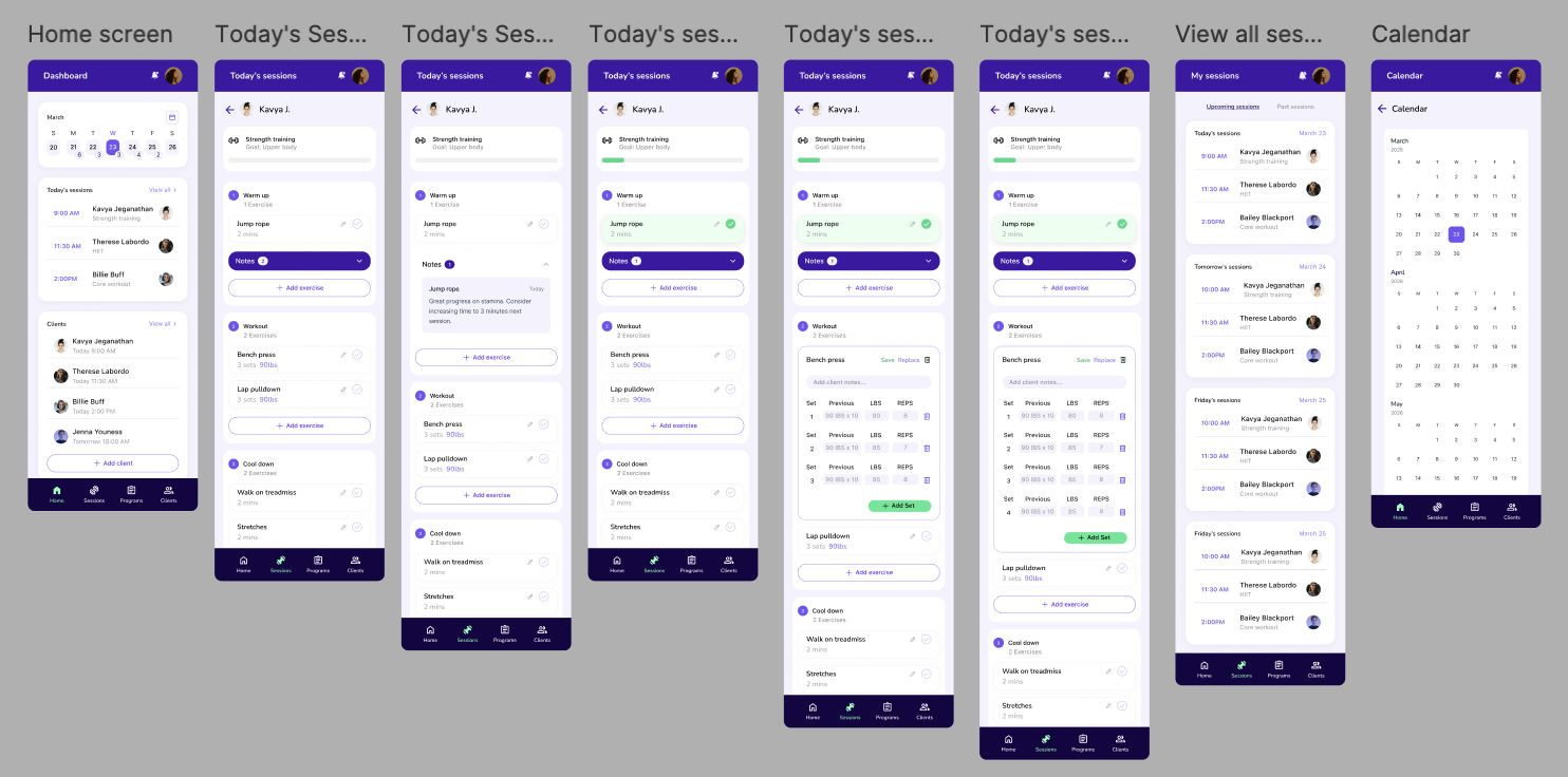 Home and session screens