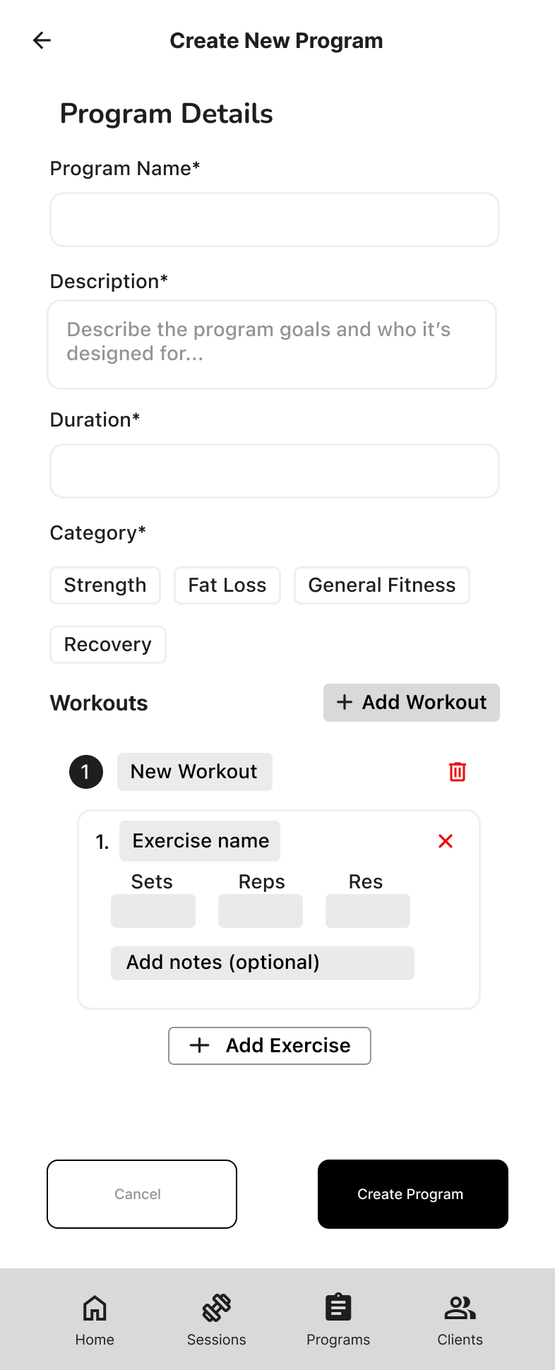 Create new program wireframe