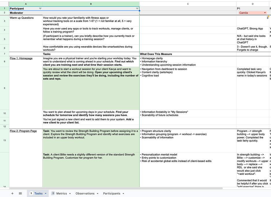 Usability test plan and results table